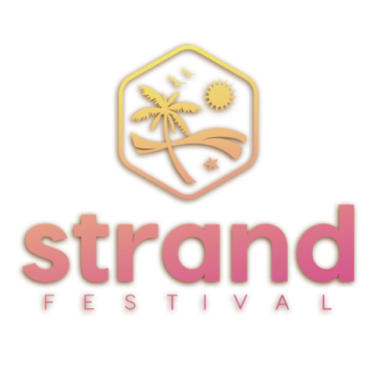 Logo des Strand Festivals mit Palmen, Sonne und geschwungenen Linien in Pastellfarben.