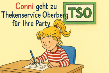 Conni schreibt eine Notiz für den Thekenservice Oberberg für ihre Party.