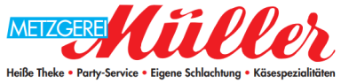 Logo der Metzgerei Müller mit stilisiertem Schriftzug und Dienstleistungen.