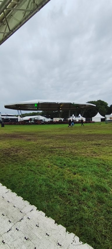 Ein futuristisch gestaltetes Flugzeug auf einem grünen Feld bei bewölktem Himmel.