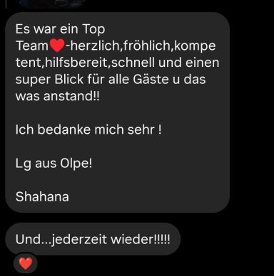 Nachricht mit Dank und Lob für ein engagiertes Team und ihre Dienstleistungen.
