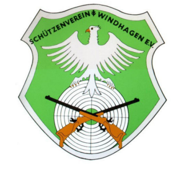 Wappen des Schützenvereins Windhagen mit Adler und gekreuzten Gewehren auf einer Zielscheibe.