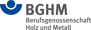 Logo der BGHM, Berufsgenossenschaft Holz und Metall, mit rundem Symbol und Schriftzug.
