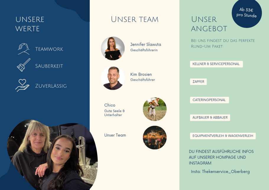 Zwei Frauen posieren in einem kreativen Team-Layout mit Werten und Angeboten.