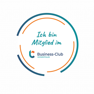 Text mit dem Hinweis "Ich bin Mitglied im Business-Club" und einem grafischen Logo.
